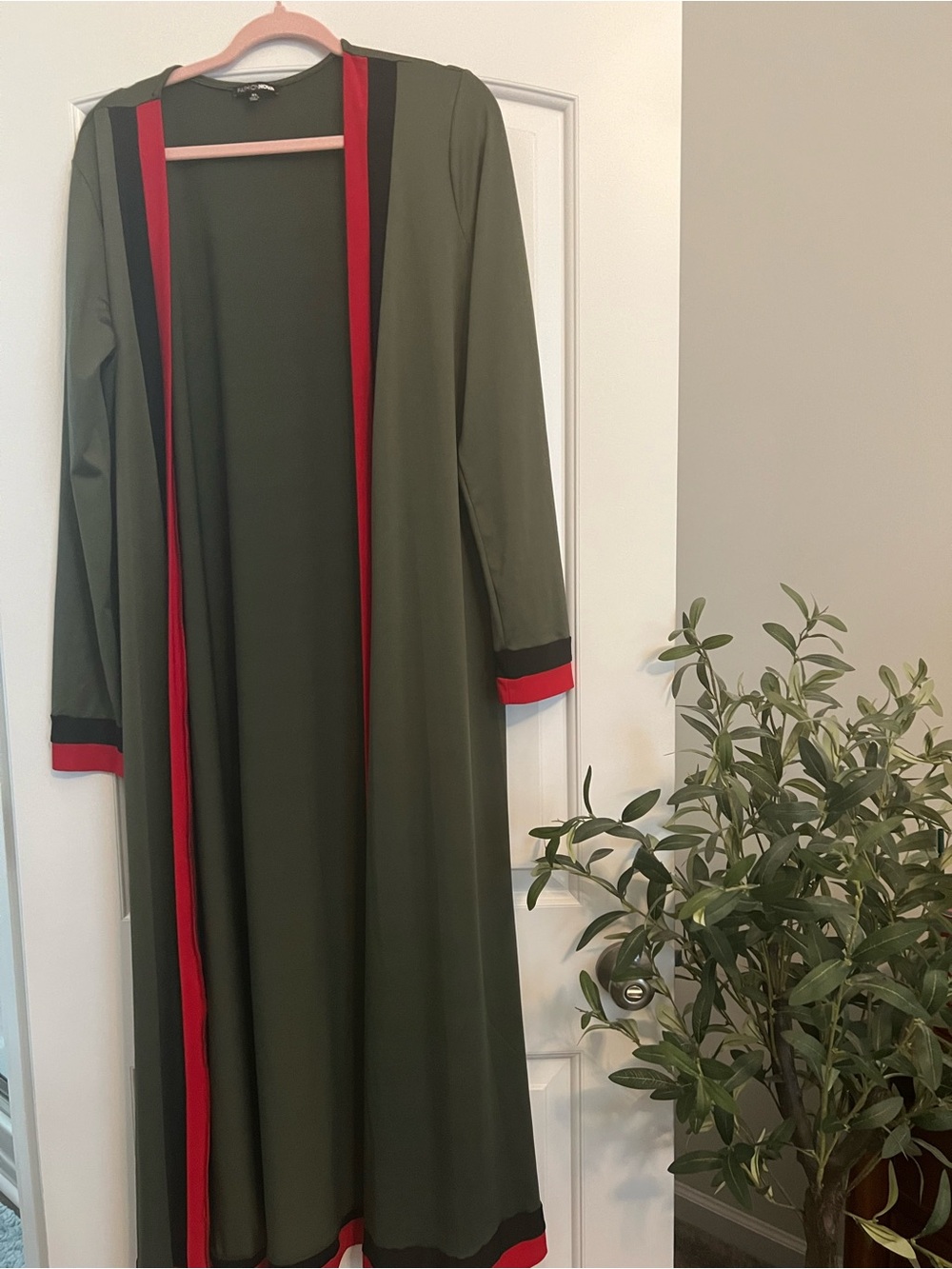 Fashion Nova Olive Green Maxi Duster with Red & Black Trim